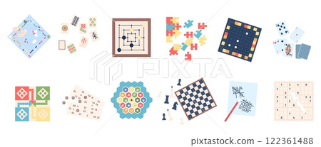 Family leisure board games. Chess monopoly puzzle cards. Isolated game for board and paper for adult and children freetime. Home fun recent vector set 122361488