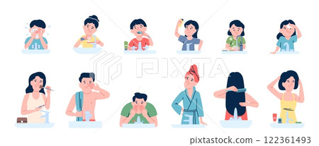People brushing teeth. Daily hygiene routine, morning or evening washing. Adults and children brushing teeth, wash hands and face. Self care recent vector characters 122361493