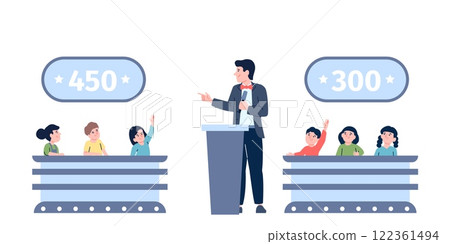 Children quiz competition. Little kids answering on presenter question. Childish tv show, media entertainment or game in studio. Two team compete, recent vector scene 122361494