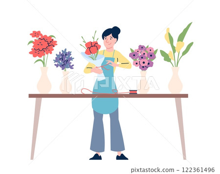 Young florist working with flowers. Woman doing floral bouquet, care at plants and branches. Small business, seller on market or workshop, recent vector scene 122361496