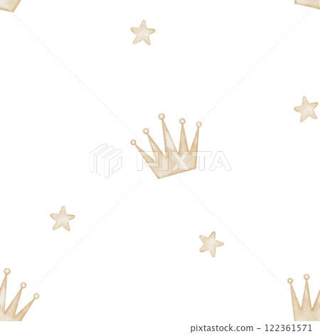 Seamless Pattern with golden Crowns and Stars. Watercolor illustration for baby shower designs, childish textile or kids wallpapers. Cute background for little girl or nursery wall art. 122361571