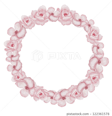 Watercolor floral wreath with pink Flowers and green leaves. Circular frame for wedding invitations or childish greeting cards. Botanical background in pastel colors for arrangement template. 122361578