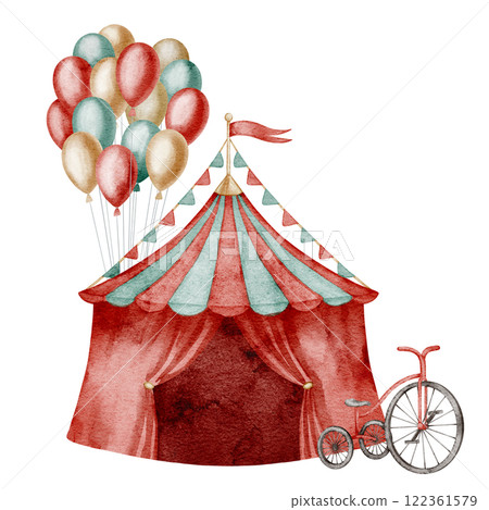 Watercolor illustration of Circus Tent with a tricycle and balloons. Drawing of Carnival big top for festival posters or childish birthday invitations. Art with cart for vintage performance cards. 122361579