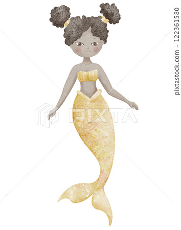 Watercolor illustration of dark skinned Mermaid with golden yellow tail and curly black hair for baby shower invitations or girls nursery wall art. Drawing of sea creature for kids greeting cards. 122361580