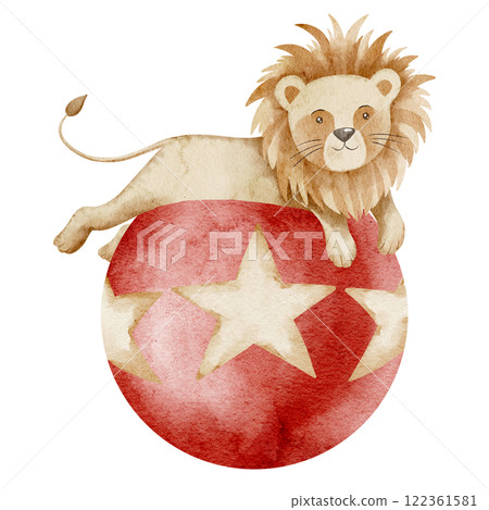 Watercolor illustration of a cute Circus Lion on red ball with stars. Art of Carnival animal for performance posters or childish greeting cards. Drawing for baby shower party invitations. 122361581