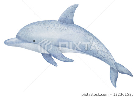 Dolphin watercolor illustration in pastel blue colors. Drawing of flippered mammal marine animal for childish greeting cards or baby invitations. Art of Porpoise for nursery wall art 122361583