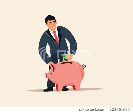 Illustration of a businessman kneeling while inserting a coin into a pink piggy bank, symbolizing savings, financial planning, and investment concepts 122361623