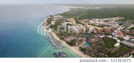 Aerial view of Caribbean sea,sandy beach and luxury resort , Bayahibe beach,Dominican Republic. 122361673