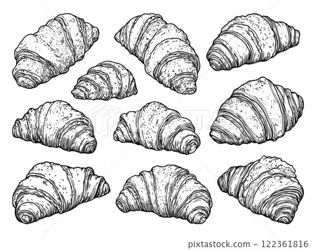 Croissants Hand Drawn Illustrations Set On White Background Unique Artwork Creative Design Pastry Icons Bakery Collection Artistic Visuals Modern Graphics Hand-Drawn Fresh Baked 122361816