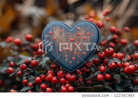 Blue Wooden Heart Among Red Berries 122361985
