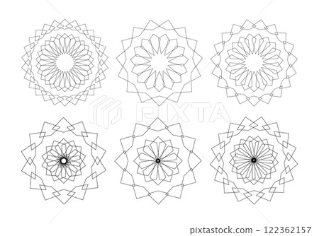 Set Geometric Flower Mandala in arabic style. Sacred Geometry. Logo business Concept for luxury products, hotels, boutiques, jewelry, oriental cosmetics, restaurants, shops, stores. Vector isolated Set Geometric Flower Mandala in arabic style. Sacred Geometry. Logo business Concept for luxury products, hotels, boutiques, jewelry, oriental cosmetics, restaurants, shops, stores. Vector isolated 122362157