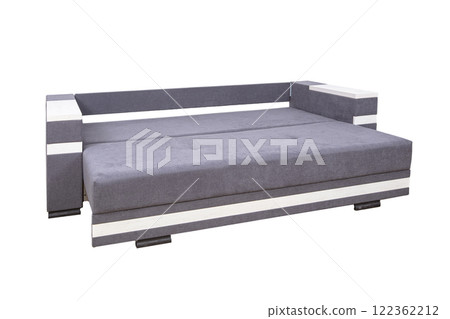 Gray unfolded sofa with velor fabric pillows isolated on a white background. Cushioned furniture. 122362212