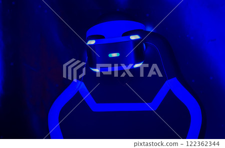 The PS VR headset is glowing on a dark blue background. The PS VR headset is glowing on a dark blue background. 122362344