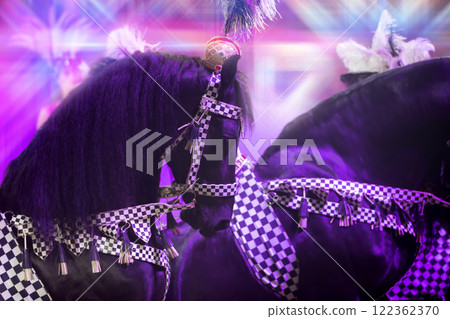Circus black horses decorated with feathers are participants in the performance. Circus black horses decorated with feathers are participants in the performance. 122362370