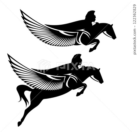 black vector design of ancient greek hero or god riding winged pegasus horse 122362829