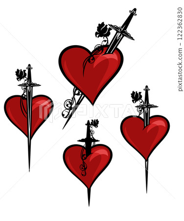 vector design set of heart pierced with knife and rose flower vector design set of heart pierced with knife and rose flower 122362830