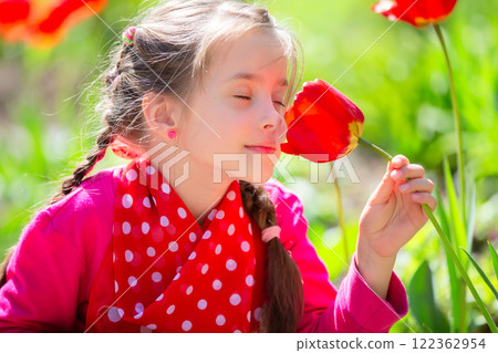 A little girl sniffs a red tulip flower and enjoys the spring and the smell. 122362954