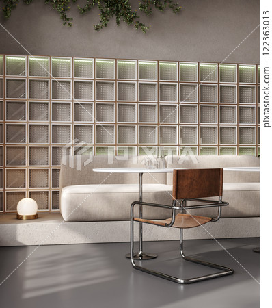Stylish interior cafe with class wall and modern furniture, 3d rendering Stylish interior cafe with class wall and modern furniture, 3d rendering 122363013