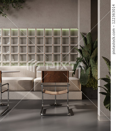 Modern interior cafe with cozy furniture and green plant, 3d rendering 122363014