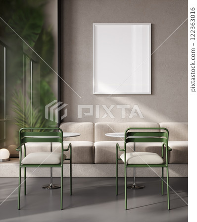 Picture frame mockup in stylish bar with green chair and plant, 3d rendering 122363016