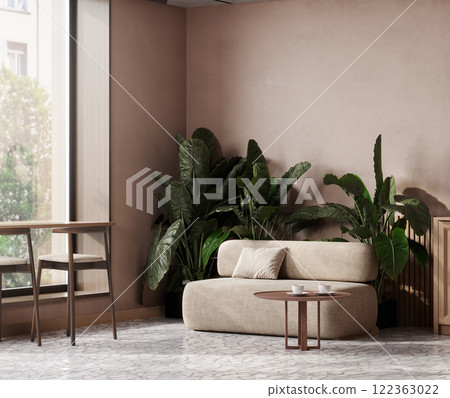 Cozy modern Natural color morning cafe, Mocha mousse, 3d rendering Cozy modern Natural color morning cafe, Mocha mousse, 3d rendering 122363022