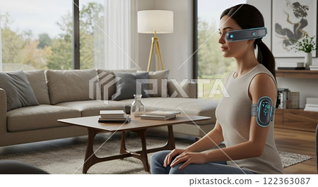 Living scene of a woman wearing a futuristic wearable device 122363087