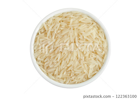 rice basmati in a ceramic bowl isolated on white background. Top view. Flat lay 122363100