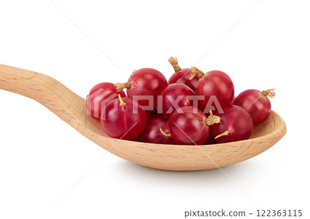 Red gooseberry in wooden spoon isolated on white background with full depth of field. 122363115