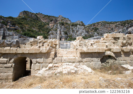Ancient lycian necropolis with tomb carved in rocks in Mira Ancient lycian necropolis with tomb carved in rocks in Mira 122363216