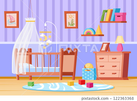 Baby cot room. Nursery bedroom interior with dresser and crib bed for newborn sleep, child home furniture kid play cute childish decoration, cartoon flat tidy vector illustration 122363368