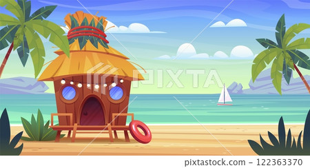 Beach hut. Sea shack, hut in tropical island exotic hawaii bungalow hotel cottage turquoise ocean cartoon landscape house with palm trees shore summer swanky vector illustration 122363370