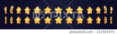 Cartoon star rotation. Animated gold stars turning around sequence frame, medal rotate effect arcade casino video gaming score sprite sheet ui element, swanky vector illustration 122363374