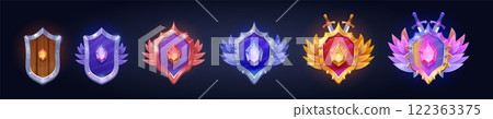 Game rank shields. Gamer level ranking badges, achievement medal trophy fantasy rpg gaming wooden gold shield mobile app ui asset icons badge cartoon set swanky vector illustration Game rank shields. Gamer level ranking badges, achievement medal trophy fantasy rpg gaming wooden gold shield mobile app ui asset icons badge cartoon set swanky vector illustration 122363375
