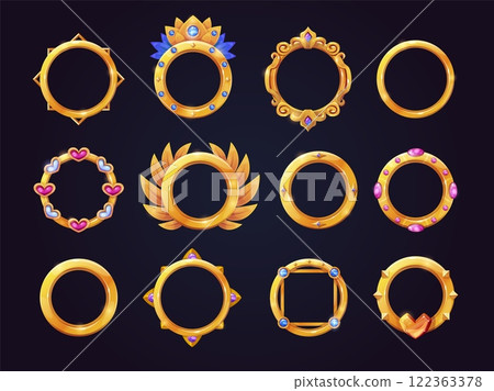 Avatar golden frames. Fantasy game gold frame, user rank award reward circular borders rpg gaming ui asset medieval royals round elements, set cartoon swanky vector illustration 122363378