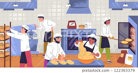 Professional bread bakers. Bakery workers at oven making pastries product, baking food manufacturing equipment cook chef uniform baker job profession, classy vector illustration 122363379