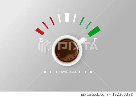 Coffee cup power. Caffeine full energy fuel meter, power refuel level good morning cafe break time concept advertising poster, realistic cappuccino mug exact vector illustration 122363388