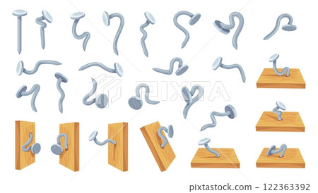 Bent nails. Hammered benting nail, broken used hobnails wall fasteners with metal head iron sharp spikes for hammer wood house construction carpentry tool, neat vector illustration Bent nails. Hammered benting nail, broken used hobnails wall fasteners with metal head iron sharp spikes for hammer wood house construction carpentry tool, neat vector illustration 122363392