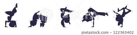 Dancing children silhouettes. Kid young little dancer silhouette, youth dance club or sport gymnastics school logo active child jumping shadow music freestyle vector illustration Dancing children silhouettes. Kid young little dancer silhouette, youth dance club or sport gymnastics school logo active child jumping shadow music freestyle vector illustration 122363402