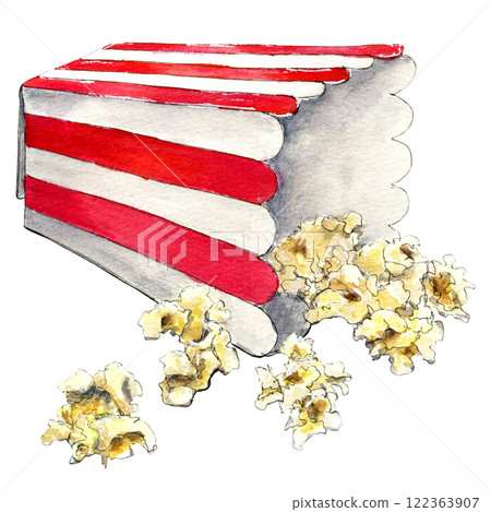 Watercolor sketch of striped box with salty popcorn  122363907