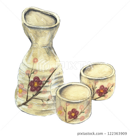 Watercolor sketch of bottle and two glasses for sake Watercolor sketch of bottle and two glasses for sake 122363909
