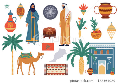 Traditional Morocco culture set in flat graphic design. Collection elements of man woman in national clothes, lanterns, tablewares, palm, camel, flag, country map, house, other. Vector illustration. 122364029