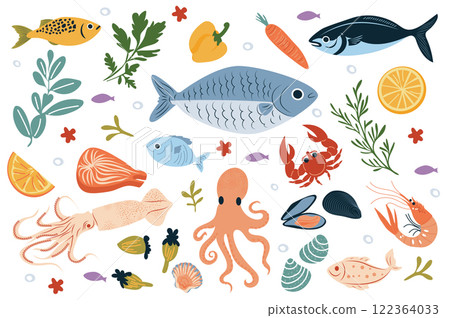 Seafood set in flat graphic design. Collection elements of tuna, sardine, anchovy, herring and other fishes, shrimp, oyster, shell, octopus, crab, crab, lobster, sea food market. Vector illustration. 122364033