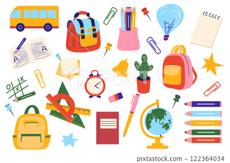 School supplies set in flat graphic design. Collection elements of yellow bus, schoolbag, note, light bulb, notebook, sticker, rulers, pencil, pen, cactus, globe, crayons, other. Vector illustration. 122364034