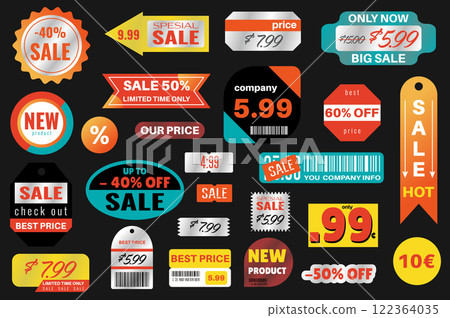 Sale stickers set in flat graphic design. Collection elements of different simple shopping promo labels with discount prices, special offers, limited product announcement, other. Vector illustration. 122364035