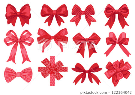 Holiday red bow set in flat graphic design. Collection elements of shiny silk and satin tied bows with ribbons of wrapping gift box packing for Christmas or birthday celebration. Vector illustration. 122364042