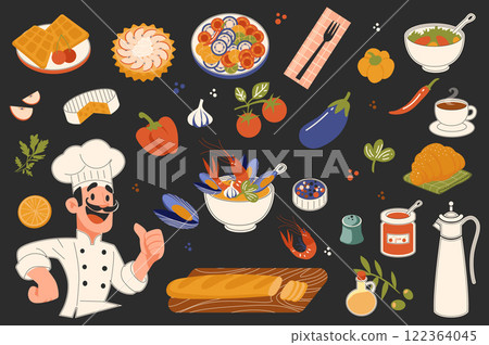 French food stickers set in flat graphic design. Collection elements of chef, wafers, ratatouille, cheese, oyster and shrimp, baguette bread, croissant, olive oil, coffee, other. Vector illustration. 122364045
