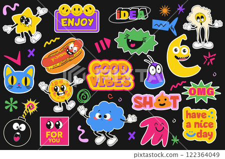 Comic characters stickers set in flat graphic design. Collection elements of groovy positivity mascots and text, good vibes vintage labels with happy emotions in retro style. Vector illustration. 122364049
