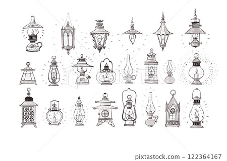 Collection of doodle-style vintage lanterns and lamps, each uniquely detailed and hand-drawn on white background 122364167