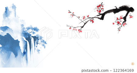 Minimalist blue ink landscape with misty mountains, waterfall, and sakura blossom. Traditional oriental ink painting sumi-e, u-sin, go-hua. Translation of hieroglyph - zen 122364169