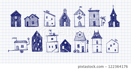 Hand-drawn doodle illustrations of various whimsical houses with unique shapes, details, and architectural styles on lined paper background Hand-drawn doodle illustrations of various whimsical houses with unique shapes, details, and architectural styles on lined paper background 122364176
